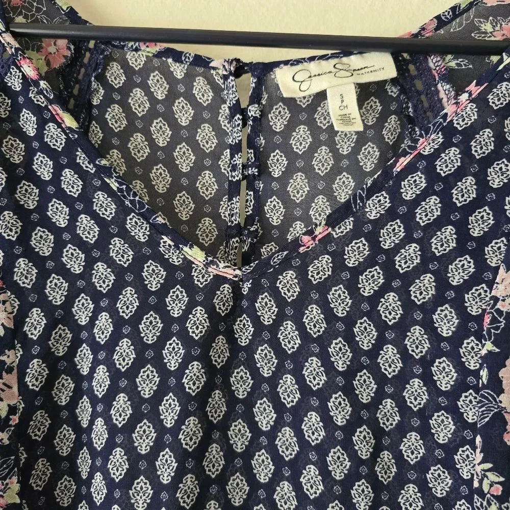 JESSICA SIMPSON MATERNITY Floral Navy Sheer Blouse Short Sleeve Size Small - Picture 6 of 16